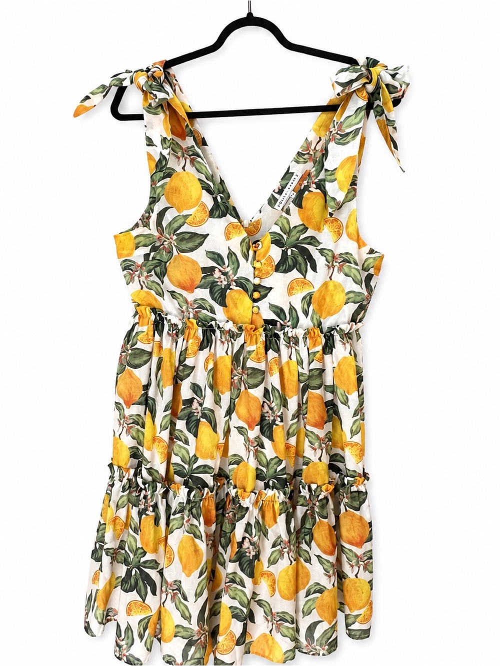 English Factory Lemon Floral Printed Tie‎ Shoulder Tiered Ruffle Dress M Retro